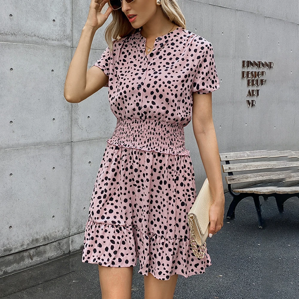 Fashion Short Sleeve Polka Dot Mini Woman Dress 2021 Summer Elegant Office Casual Elasticity Waist Pink Dresses For Women
Fashion Short Sleeve Polka Dot Mini Woman Dress 2021 Summer Elegant Office Casual Elasticity Waist Pink Dresses For Women