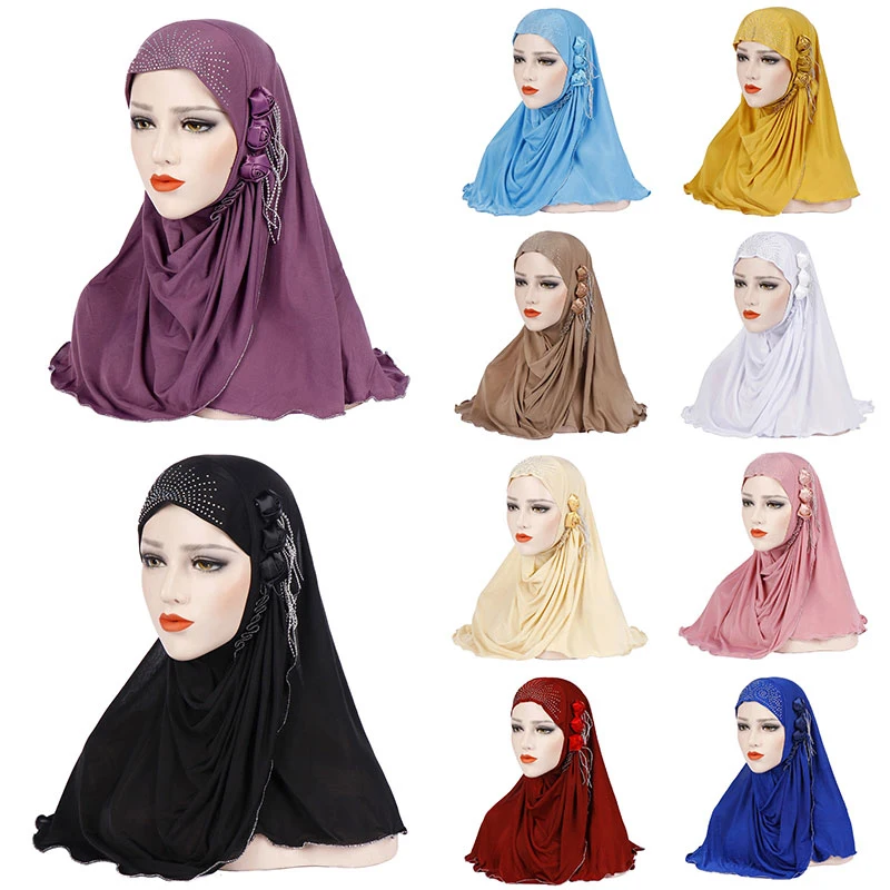 

2021 muslim cotton scarf plain hijabs with bead shawls and wraps femme musulman hijab ready to wear turban women head scarves
