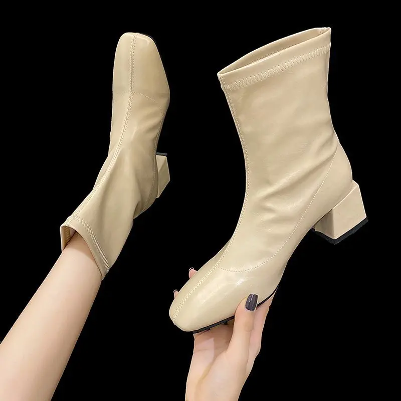 2021 Spring Square Toe and Nude Boots Thick Heel High Heel Short Boots Women's Elasticity Was Thin and High Martin Boots
2021 Spring Square Toe and Nude Boots Thick Heel High Heel Short Boots Women's Elasticity Was Thin and High Martin Boots