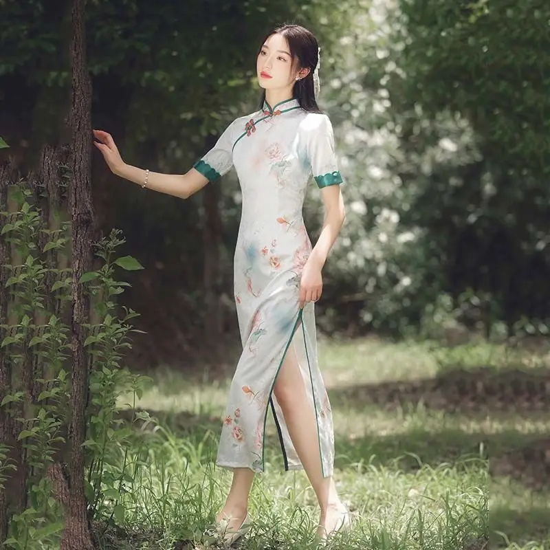 Lady Slim Satin Cheongsam Sexy High Split Chinese Style Dress Vintage Button Mandarin Collar Qipao Print Floral Vestidos
Lady Slim Satin Cheongsam Sexy High Split Chinese Style Dress Vintage Button Mandarin Collar Qipao Print Floral Vestidos