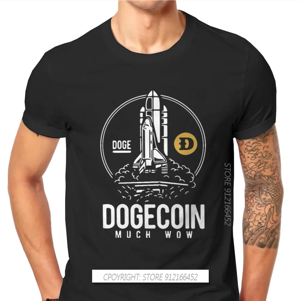 Dogecoin криптовалюты майнеры мемы футболка для мужчин ракета к Луне круглый вырез