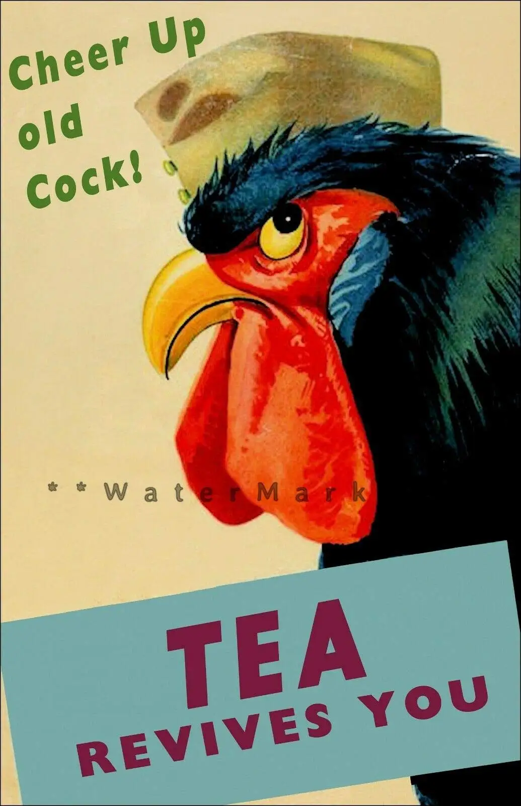 Cheer Up Old Cock Tea Revives You 1940's Vintage Poster Print Retro Style Art Tin Sign 8x12 Inch Home Kitchen Bedroom Bar Sign
Cheer Up Old Cock Tea Revives You 1940's Vintage Poster Print Retro Style Art Tin Sign 8x12 Inch Home Kitchen Bedroom Bar Sign