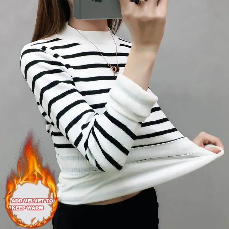 Autumn And Winter Plus Velvet Thickening Half Turtleneck Sweater Women's Sweater Striped Short Pullover Warm Bottoming Shirt
Autumn And Winter Plus Velvet Thickening Half Turtleneck Sweater Women's Sweater Striped Short Pullover Warm Bottoming Shirt