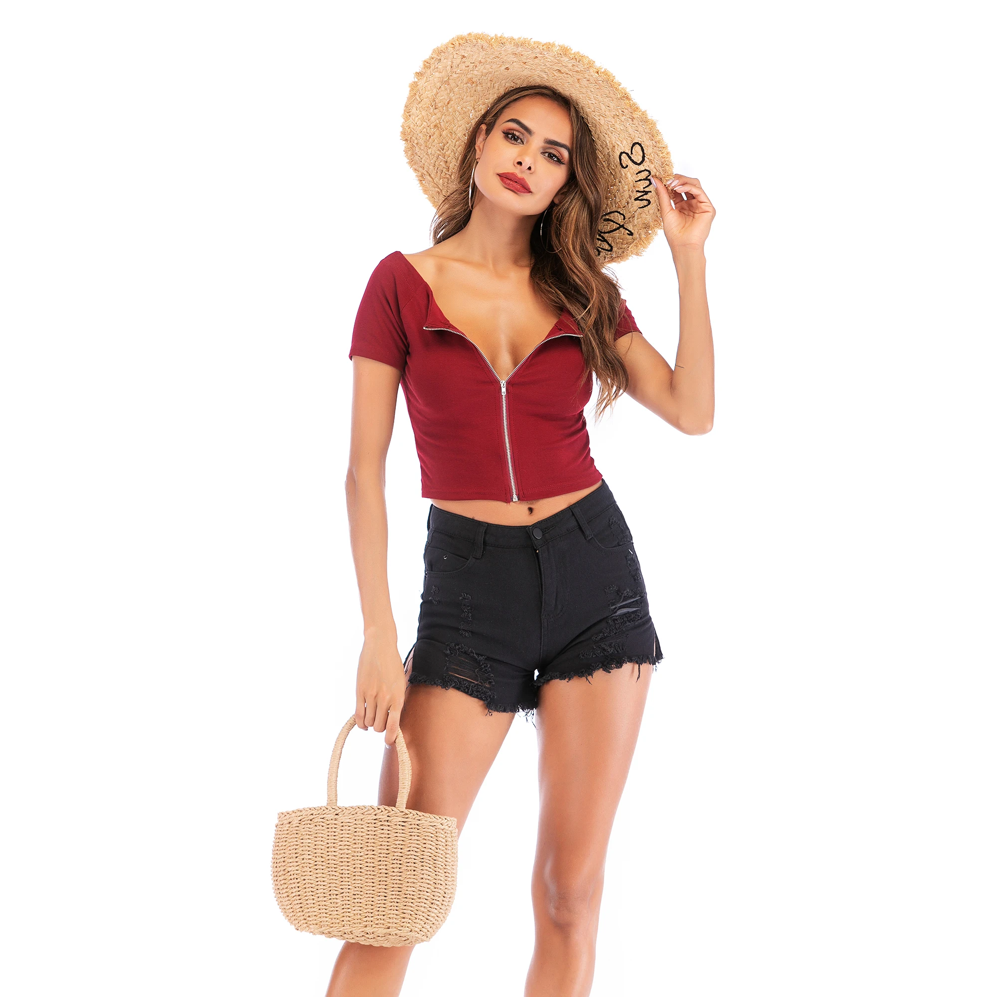 2021 Summer Fashion Zipper Short Sleeve T-Shirt Women Slim Ultra Short Top 
2021 Summer Fashion Zipper Short Sleeve T-Shirt Women Slim Ultra Short Top