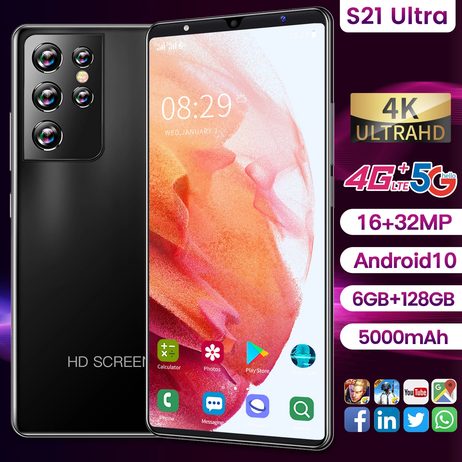 2021 New Global Version S21 Ultra 5.0Inch Smartphone 5000mAh Android10.0 6+128GB 16+32MP Full Screen Face Unlock 4G 5G Cellphone 
2021 New Global Version S21 Ultra 5.0Inch Smartphone 5000mAh Android10.0 6+128GB 16+32MP Full Screen Face Unlock 4G 5G Cellphone
