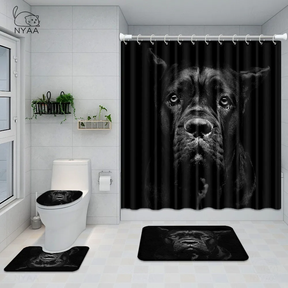 

Closeup Portrait Of Beautiful Black Cane Corso Female Dog Shower Curtain Set With Non Slip Toilet Cover Rugs Mat Home Decoration