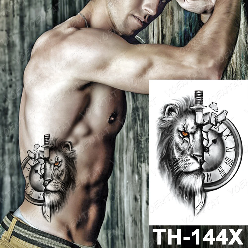 Часы Лев нож временная татуировка наклейка для мужчин женщин роза Сова волк лиса