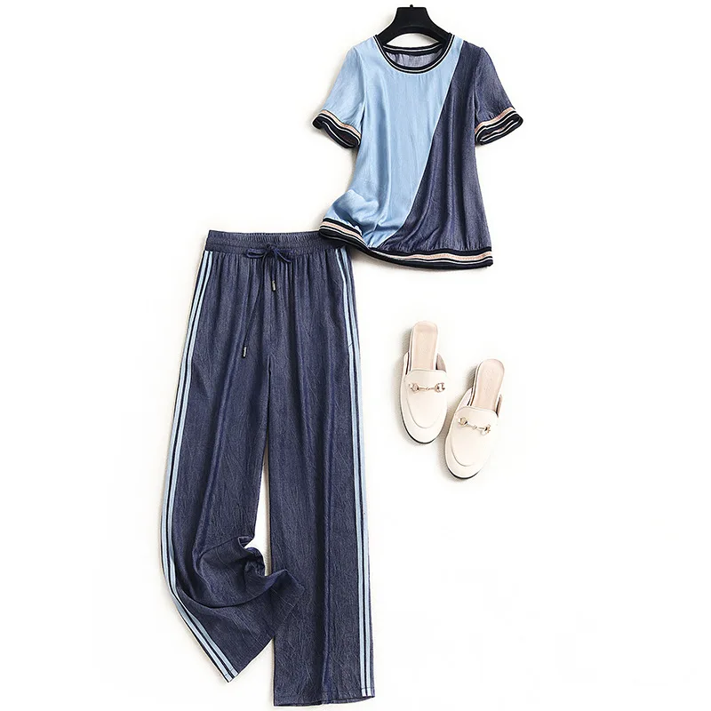 Women fashion summer denim casual outfits 2021 new short sleeve color block t-shirts and wide leg pants matching set 2pc sets 
Women fashion summer denim casual outfits 2021 new short sleeve color block t-shirts and wide leg pants matching set 2pc sets