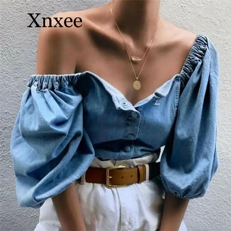Women Vintage Off Shoulder Shirts Denim Lantern Sleeve Blouse Shirt Ladies Tops New Long Sleeve Loose Blouse Tops Shirt Female
Women Vintage Off Shoulder Shirts Denim Lantern Sleeve Blouse Shirt Ladies Tops New Long Sleeve Loose Blouse Tops Shirt Female