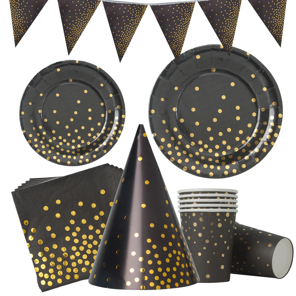 Black Gold Dot Bronzing Paper Disposable Tableware set Paper Party Supplies Birthday Party Wedding Decorations cup plate golden
Black Gold Dot Bronzing Paper Disposable Tableware set Paper Party Supplies Birthday Party Wedding Decorations cup plate golden
