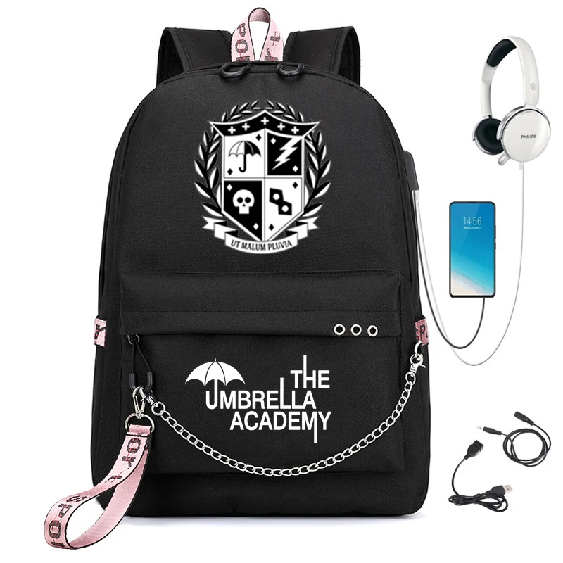 

Anime The Umbrella academy USB Backpack Women Men Teenager School Bag Women USB Travel Rucksack Large Mochila Escolar With Chain