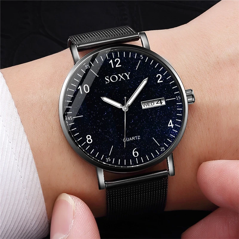 Luminous SOXY Men's Watches Classic Calendar Quartz Wristwatch Business Steel Watch Relogio Masculino Mesh Band Saati Hours
Luminous SOXY Men's Watches Classic Calendar Quartz Wristwatch Business Steel Watch Relogio Masculino Mesh Band Saati Hours
