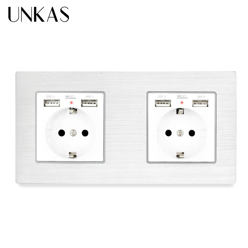 UNKAS 2 Gang Россия Испания настенная розетка стандарта ЕС с 4 USB портами для зарядки