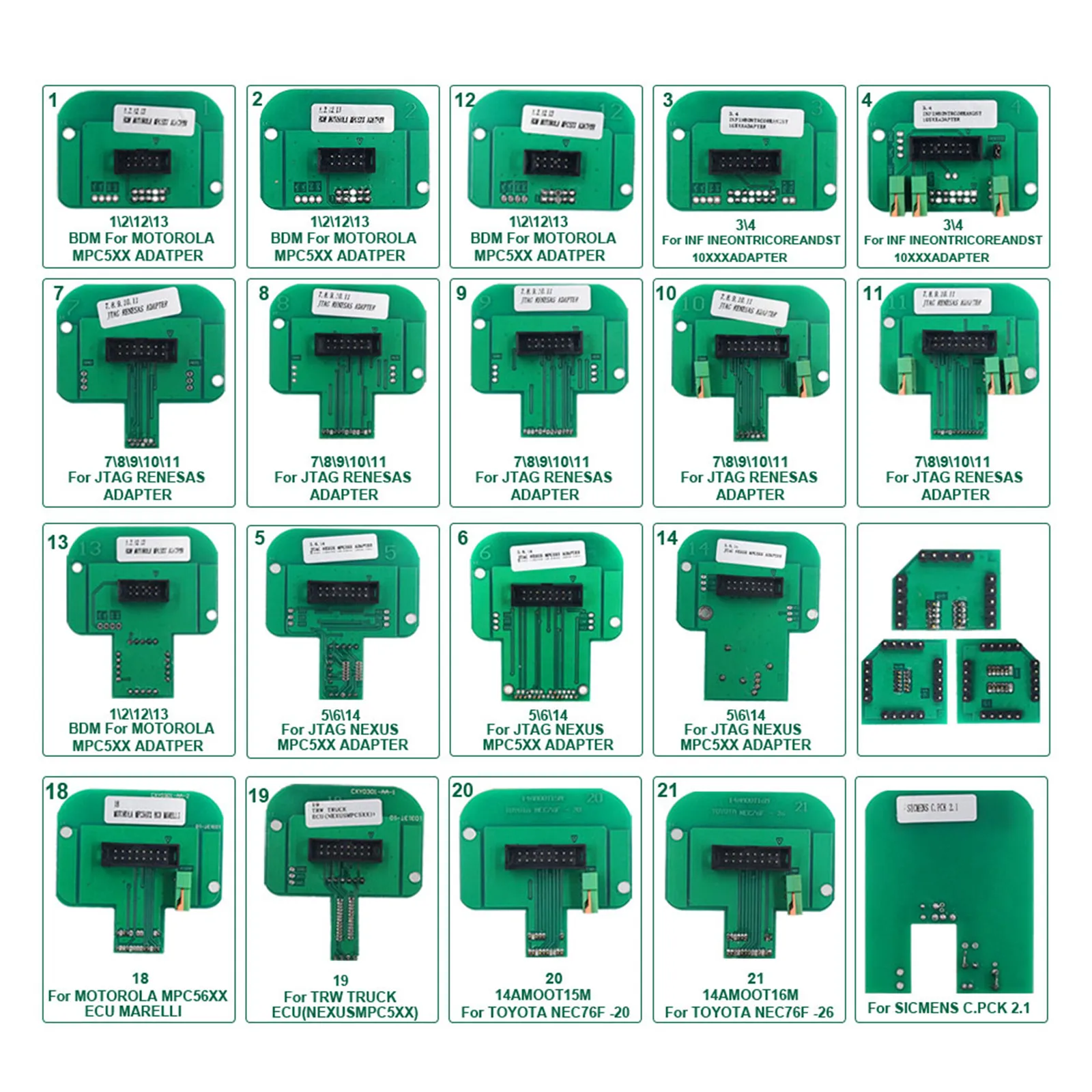 BDM Frame Adaptor Trasdata Chip Adjustment Adapter Green 22Pcs For Denso Marelli Bosch Siemens 12V Full Set Car Adapters
BDM Frame Adaptor Trasdata Chip Adjustment Adapter Green 22Pcs For Denso Marelli Bosch Siemens 12V Full Set Car Adapters