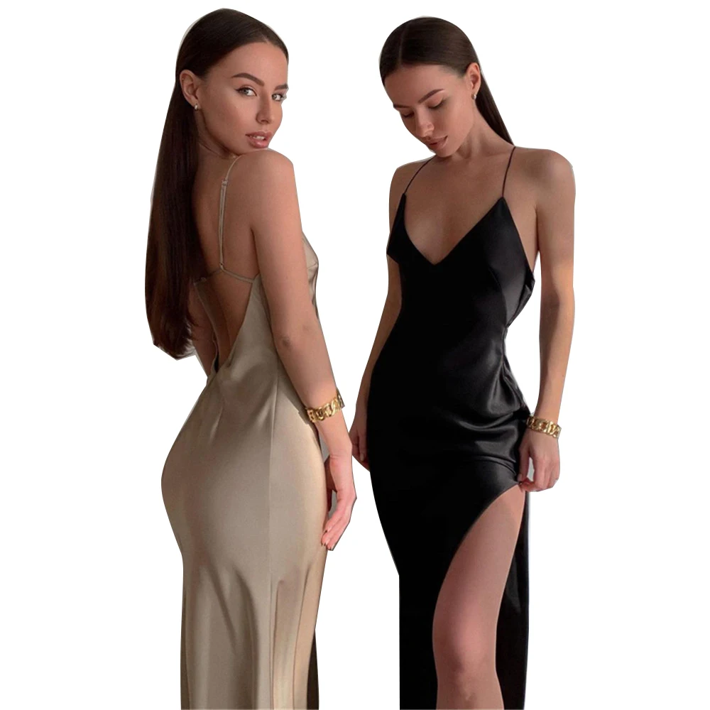 Spring And Summer New Satin Sling Pure Color Long Skirt Thin Sexy Retro Elegant Backless Dress Female 2021
Spring And Summer New Satin Sling Pure Color Long Skirt Thin Sexy Retro Elegant Backless Dress Female 2021