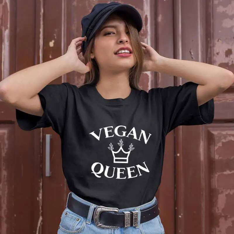

Новое поступление футболка с надписью Queen, Женская забавная Повседневная футболка Vegan из 100% хлопка, подарок для любителей вегетарианцев, дел...