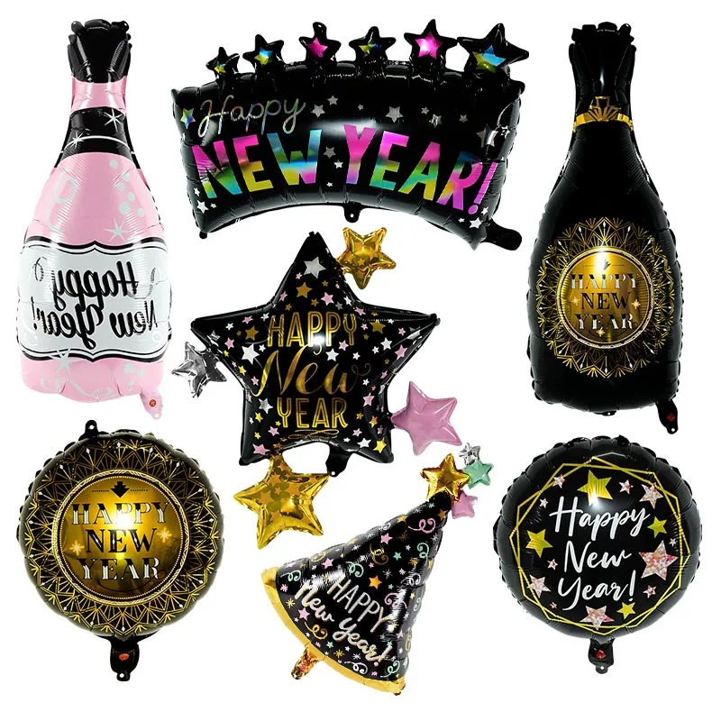 

Happy New Year Star Champagne Bottle Foil Black Gold Balloons Helium Balloons for Navidad New Year Eve Party Decor Supplies