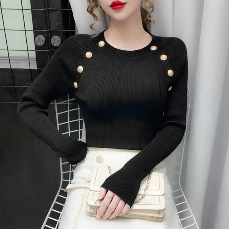 Winter Fashion Women Pullover O Neck Long Sleeve Golden Button Women's Knitted Sweater Slim Elasticity Korean Knit Jumper Muje
Winter Fashion Women Pullover O Neck Long Sleeve Golden Button Women's Knitted Sweater Slim Elasticity Korean Knit Jumper Muje