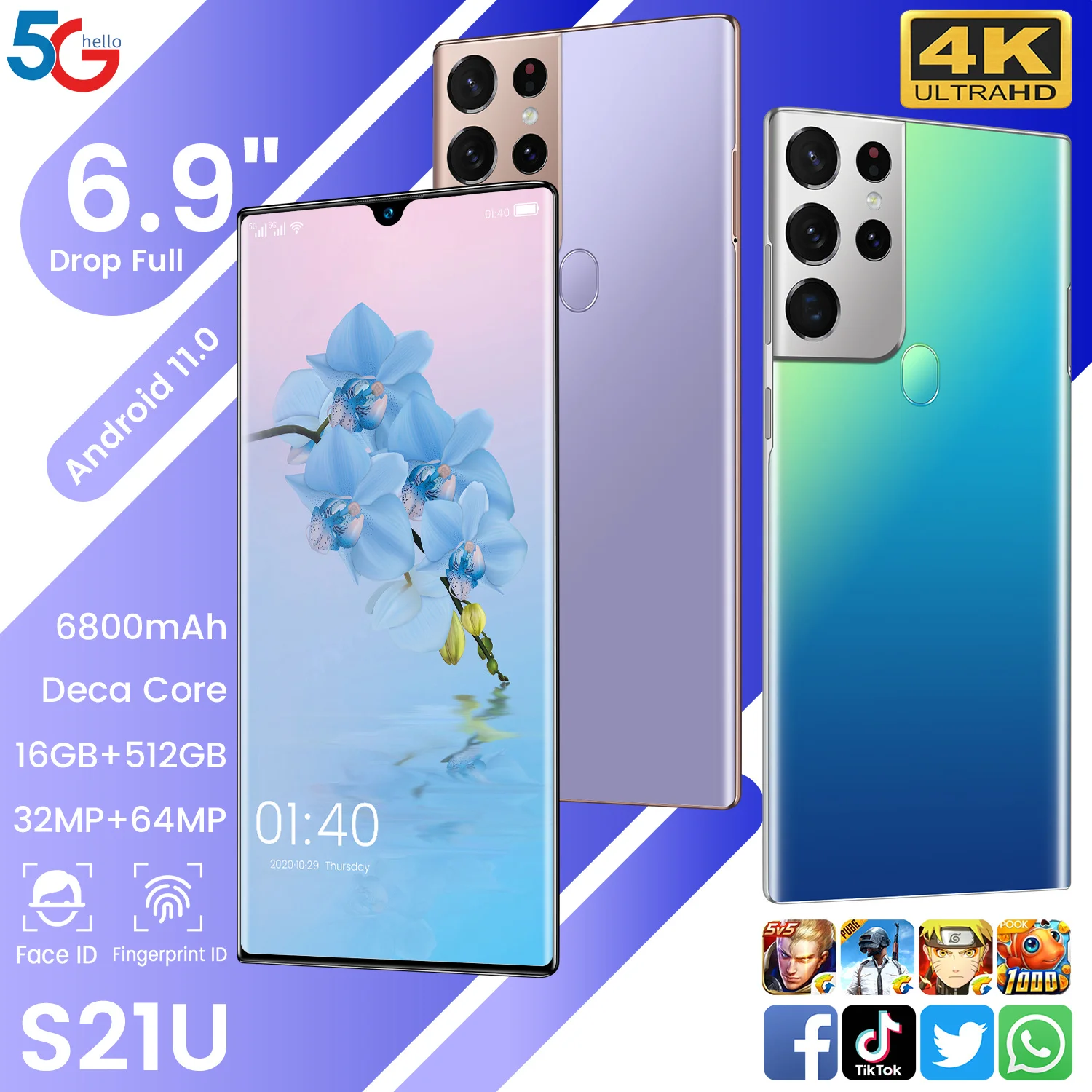 Оригинальный смартфон S21 Ultra 5G/4G с 3D поверхностью, 16 ГБ + 512 ГБ, MTK6889 64 мп, 5,5-дюймовый телефон Android, 6,9 мАч, GPS, ультратонкий сотовый телефон
Оригинальный смартфон S21 Ultra 5G/4G с 3D поверхностью, 16 ГБ + 512 ГБ, MTK6889 64 мп, 5,5-дюймовый телефон Android, 6,9 мАч, GPS, ультратонкий сотовый телефон