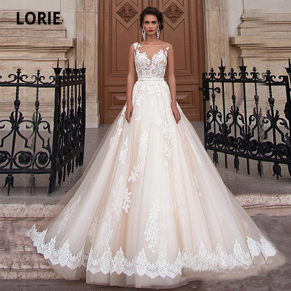 LORIE 2020 Sheer Scoop Neckline Champagne Ball Gowns Wedding Dresses Elegant Lace Appliques Illusion Back Bridal Gowns Plus Size
LORIE 2020 Sheer Scoop Neckline Champagne Ball Gowns Wedding Dresses Elegant Lace Appliques Illusion Back Bridal Gowns Plus Size