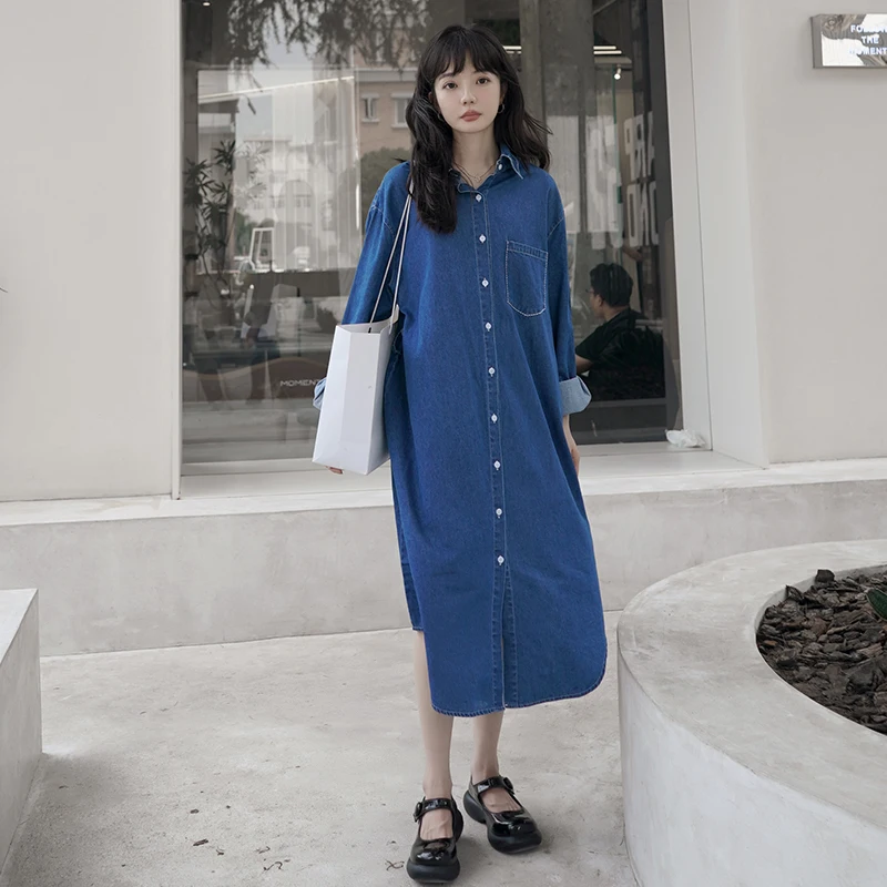 Spring Autumn Long Sleeve Single Breasted Vintage Denim Dress for Women Elegant Loose Casual Bandage Blue Long Dresses Lady 7572
Spring Autumn Long Sleeve Single Breasted Vintage Denim Dress for Women Elegant Loose Casual Bandage Blue Long Dresses Lady 7572