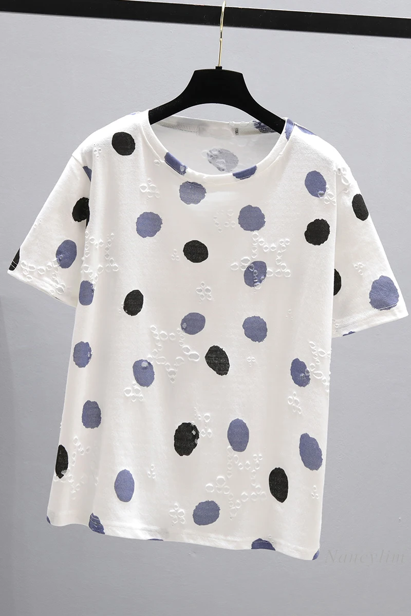 Plus Size T-Shirt Women's 2021 Summer Cotton Short Sleeve Casual All-Match Polka Dot Tops Female Lady's Round Neck Tees 
Plus Size T-Shirt Women's 2021 Summer Cotton Short Sleeve Casual All-Match Polka Dot Tops Female Lady's Round Neck Tees