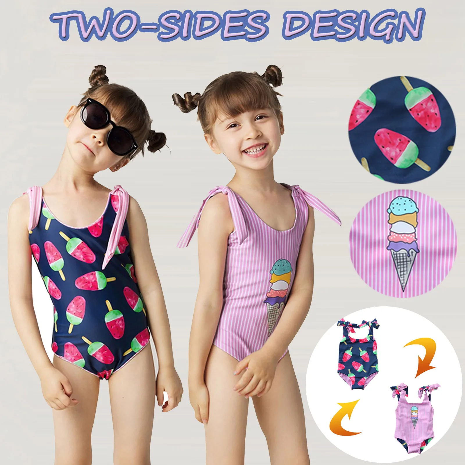 Girls Sleeveless Strappy Ice Cream Printed Double-Sided Swimwear Swimsuit Cute Princess Style Beachwear купальники женские q5
Girls Sleeveless Strappy Ice Cream Printed Double-Sided Swimwear Swimsuit Cute Princess Style Beachwear купальники женские q5