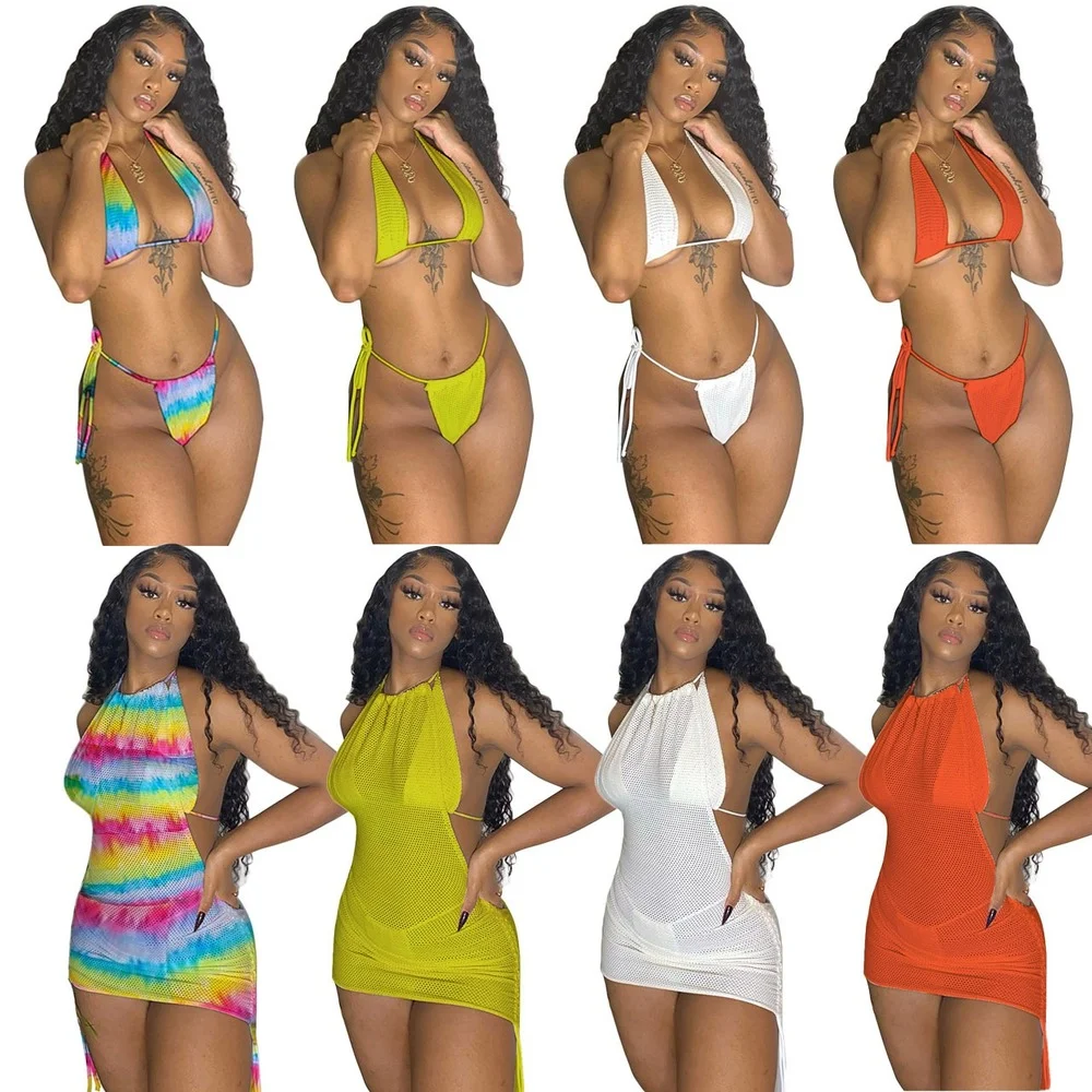 2021 Summer Beach Bandage Swimsuit Halter Cover Dress + Halter Crop Top + Bandage Brief Wear 3pcs Sexy Bar Bikinis Party Sets
2021 Summer Beach Bandage Swimsuit Halter Cover Dress + Halter Crop Top + Bandage Brief Wear 3pcs Sexy Bar Bikinis Party Sets