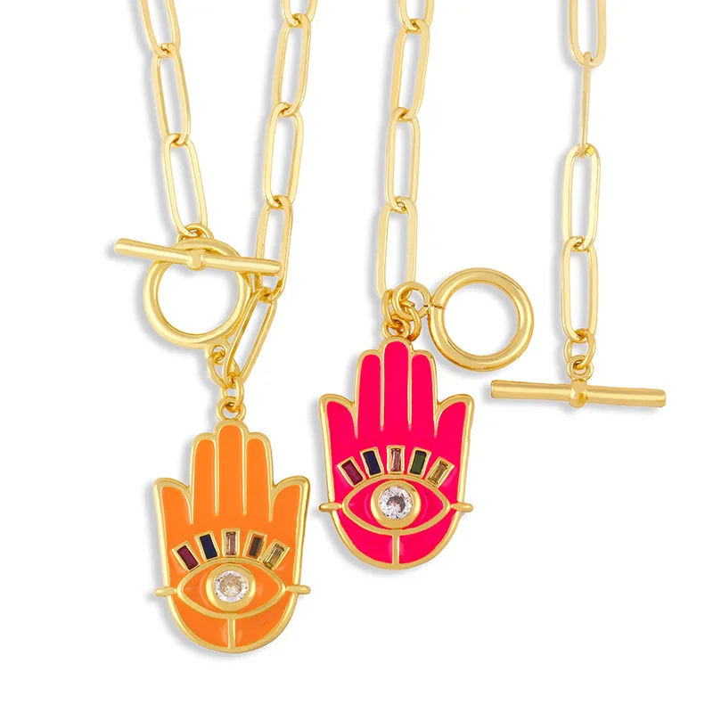 Gold Color Cuban Link Chain Colorful Fatima Hand Necklace Copper CZ White Stone Evil Eye Necklace Accessories For Women
Gold Color Cuban Link Chain Colorful Fatima Hand Necklace Copper CZ White Stone Evil Eye Necklace Accessories For Women
