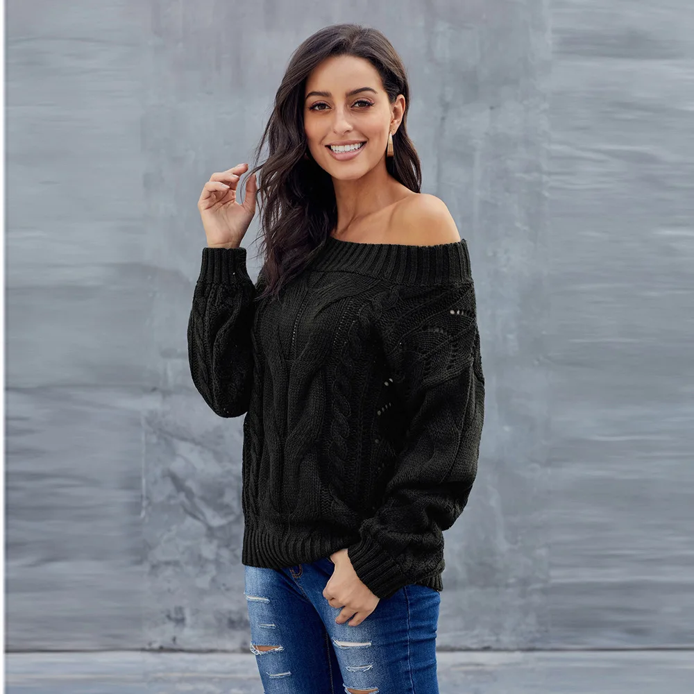 Winter Thickened Sweater New European and American Foreign Trade Slant Neck Long Sleeve Off Shoulder Loose Pullover Sweater 
Winter Thickened Sweater New European and American Foreign Trade Slant Neck Long Sleeve Off Shoulder Loose Pullover Sweater