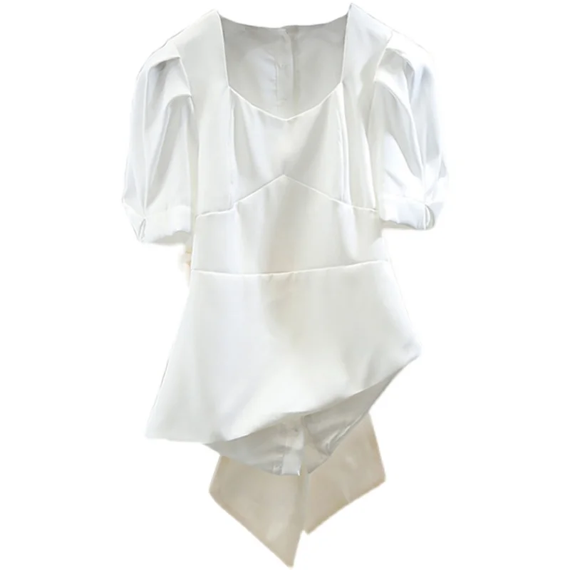 Vintage Bubble Sleeve Square Collar Shirt Womens Sexy Back Hollow-out Big Bow Irregular Shirts 2021 New Summer Women Blouses 
Vintage Bubble Sleeve Square Collar Shirt Womens Sexy Back Hollow-out Big Bow Irregular Shirts 2021 New Summer Women Blouses