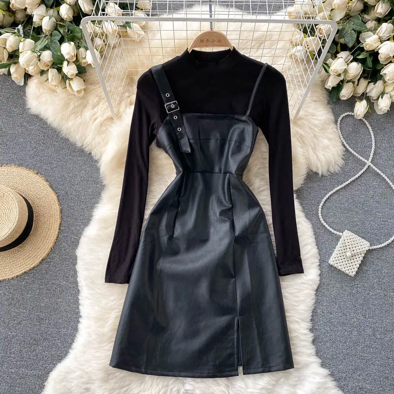 2021 Design Knitting All-Match Shirt PU Leather Dress Women Two Piece Suit Fashion Slim Trendy Suspender Dress Autumn Outfit l14
2021 Design Knitting All-Match Shirt PU Leather Dress Women Two Piece Suit Fashion Slim Trendy Suspender Dress Autumn Outfit l14