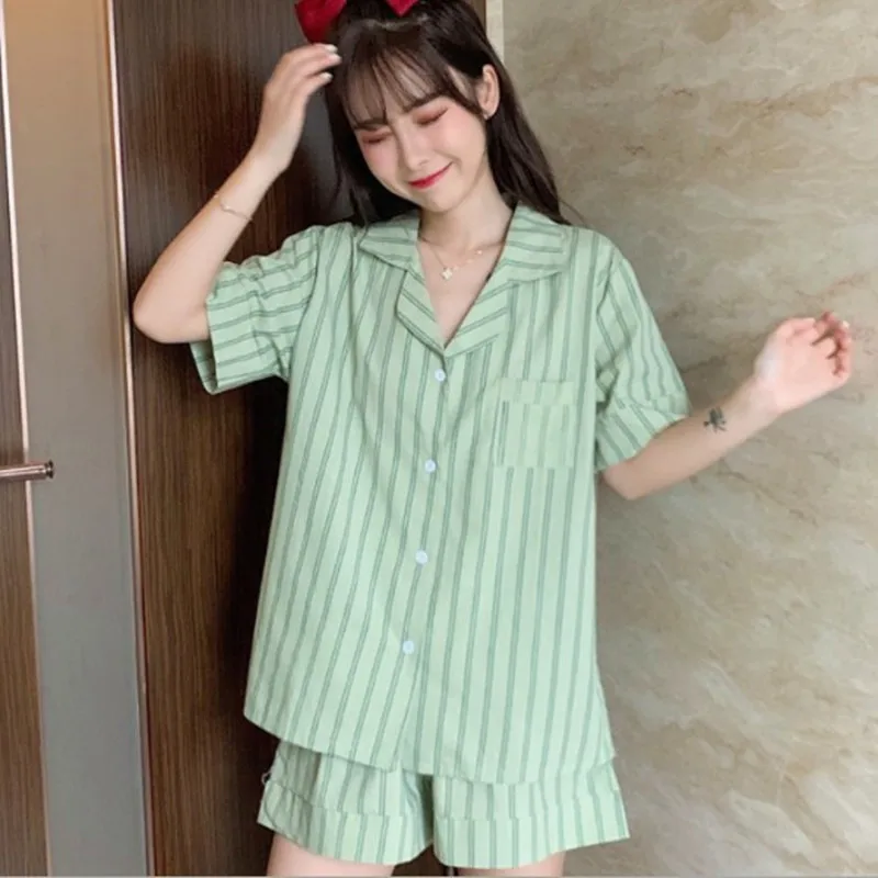 Summer cotton pijamas women fresh striped short-sleeved shorts pajamas suit girl's home wear Korean casual female pyjamas set
Summer cotton pijamas women fresh striped short-sleeved shorts pajamas suit girl's home wear Korean casual female pyjamas set