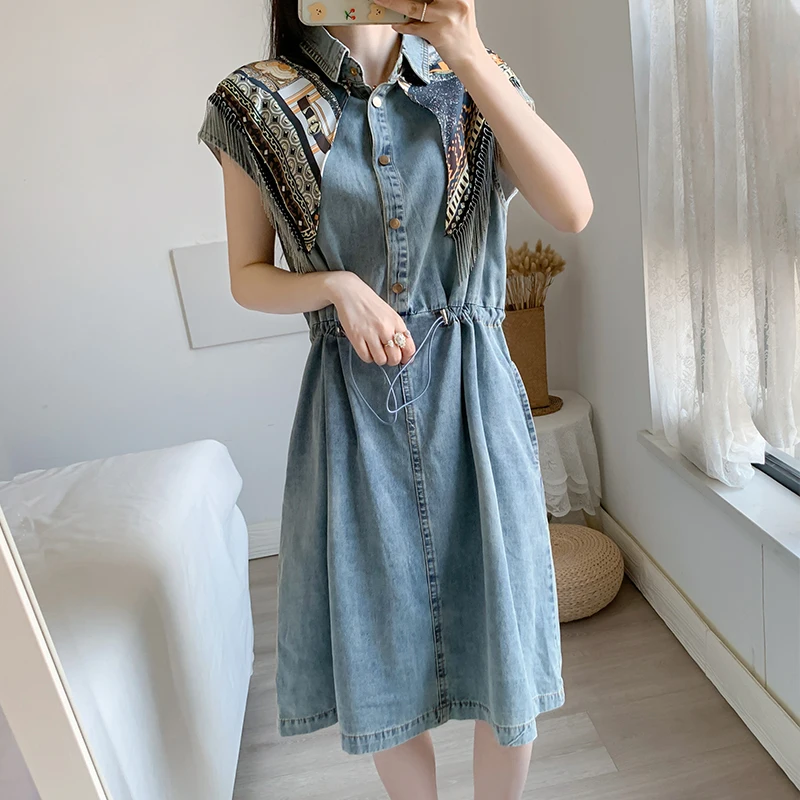 Vintage Chic Patchwork Denim Dress Women Fashion Knee Length Tassel Plus Size Dresses Female Shirt Clothes
Vintage Chic Patchwork Denim Dress Women Fashion Knee Length Tassel Plus Size Dresses Female Shirt Clothes