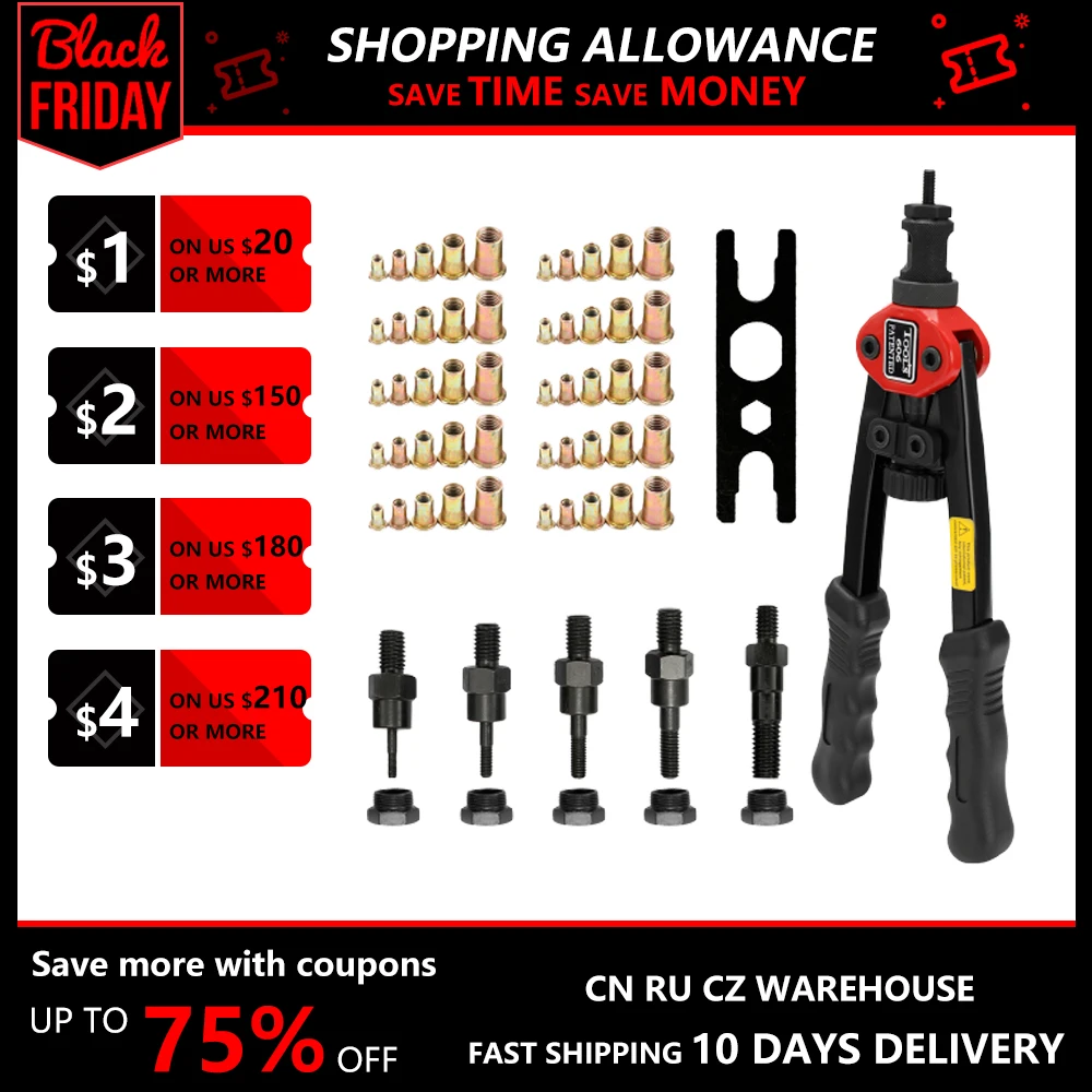 BT 606 Hand Rivet Nut Riveter Set Double Insert Manual Rivet Machine Riveting Tools with 50 Nuts 5 Heads of M3, M4, M5, M6, M8
BT 606 Hand Rivet Nut Riveter Set Double Insert Manual Rivet Machine Riveting Tools with 50 Nuts 5 Heads of M3, M4, M5, M6, M8