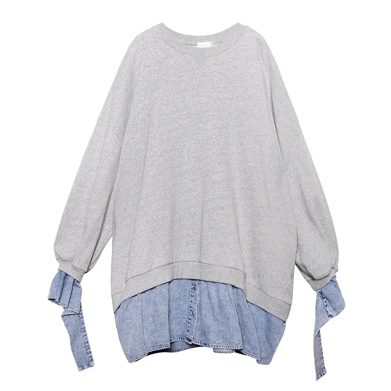 Johnature casual fashion winter new patchwork denim long loose hoodies 2021 o-neck plus size pullover women sweatshirts 
Johnature casual fashion winter new patchwork denim long loose hoodies 2021 o-neck plus size pullover women sweatshirts