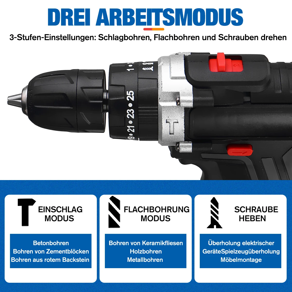 3 in 1 Cordless Electric Drill Screwdriver 2 Speed 25+3 Turque Power Driver Tools Set with Battery Box Drill Accessories 48V
3 in 1 Cordless Electric Drill Screwdriver 2 Speed 25+3 Turque Power Driver Tools Set with Battery Box Drill Accessories 48V