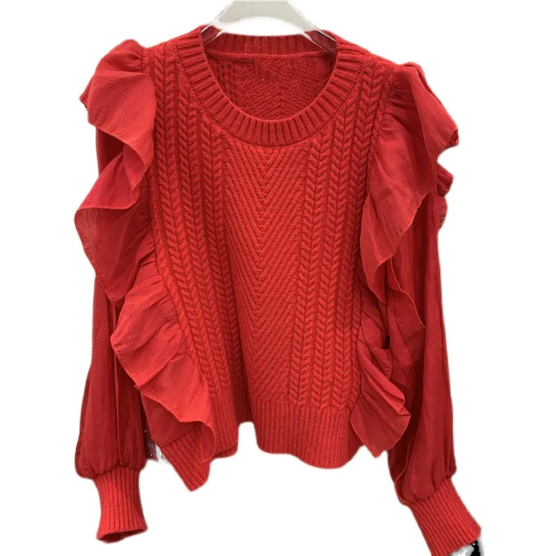 New Fashion Lantern Sleeve Round Neck Patchwork Ruffled Knitwear Sweater Women's Slim Fit Jumper Ladies Short Pullovers
New Fashion Lantern Sleeve Round Neck Patchwork Ruffled Knitwear Sweater Women's Slim Fit Jumper Ladies Short Pullovers