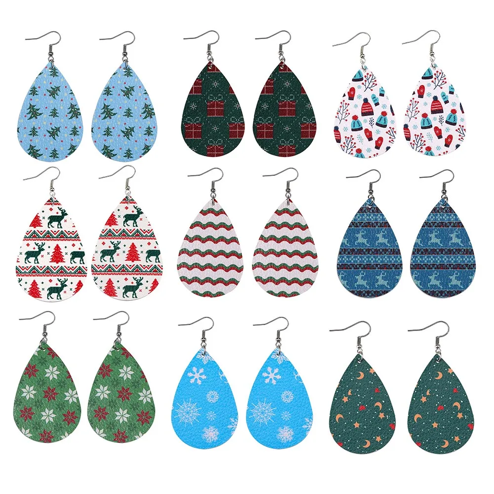 

1Pair Christmas Dangle Drop Earrings flake Snowman Deer Christmas Tree Santa Claus Pu Leather Earrings for Women Gifts