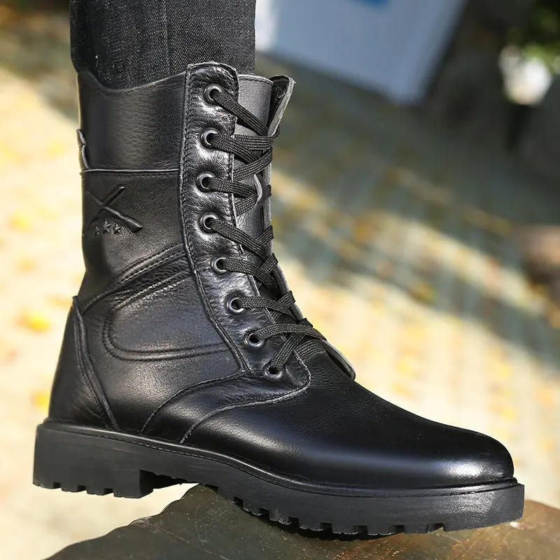 

Leather high help men's autumn and winter army plus velvet thick-soled combat men's Martin Korean version snow boots