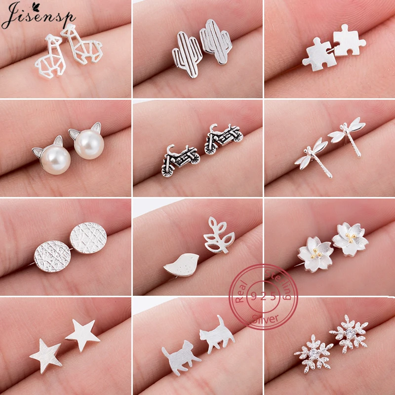 

Minimalist 100% 925 Sterling Silver Small Earrings Women European Style Crystal Snowflake Earings S925 Pearl Cat Studs Gifts