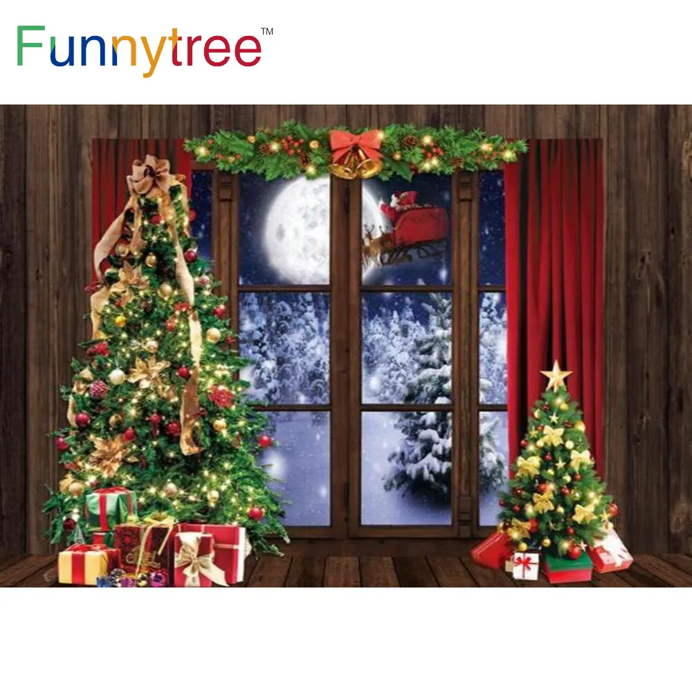 

Funnytree Christmas Party Backdrop Red Curtain New Year Wreath Trees Bells Fireplace Socks Interior Photocall Background