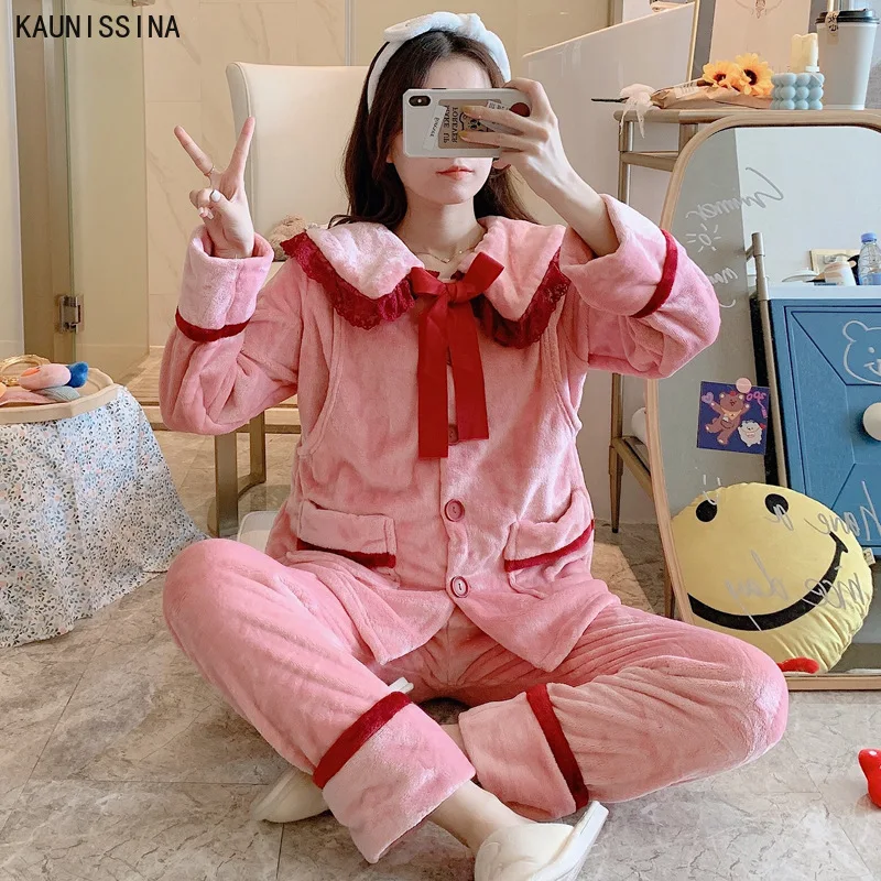Winter Flannel Pajamas Set Women Warm Sleepwear Lace Collar Postpartum Nursing Wear Maternity Pajama Home Clothes Suits
Winter Flannel Pajamas Set Women Warm Sleepwear Lace Collar Postpartum Nursing Wear Maternity Pajama Home Clothes Suits