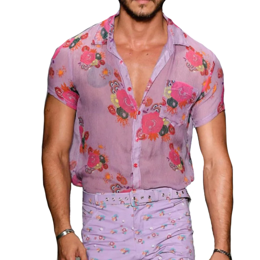 Summer Men Floral Print Shirt, Casual Short Sleeve Buttons See-Through Loose Lapel Top
Summer Men Floral Print Shirt, Casual Short Sleeve Buttons See-Through Loose Lapel Top