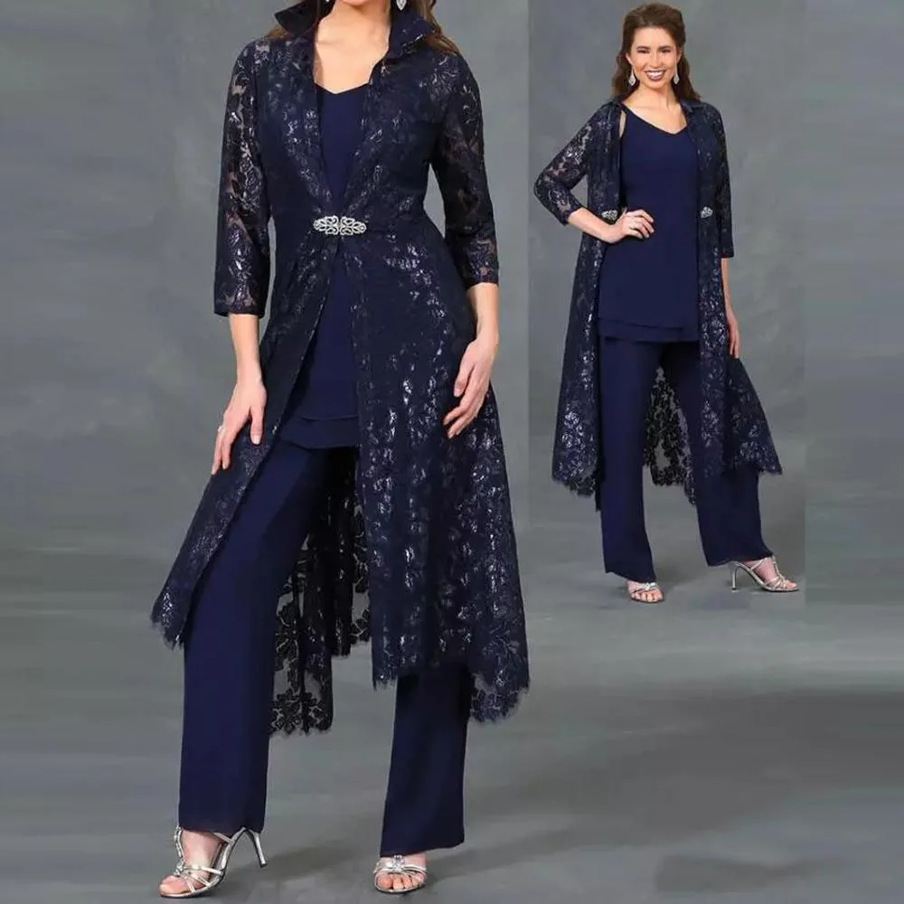 Navy Mother of The Bride Groom Dresses Shiny Lace Jacket Chiffon Kurti 3 Pieces pantsuits Plus Size Brooch Vestidos de madrinha
Navy Mother of The Bride Groom Dresses Shiny Lace Jacket Chiffon Kurti 3 Pieces pantsuits Plus Size Brooch Vestidos de madrinha