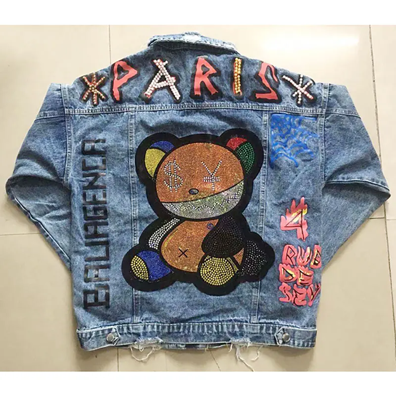 Women Spring Funny Bear Diamonds Denim Coats and Jackets,bf Loose Havey Decor Oversize Jean Jacket Street Style Clothes 
Women Spring Funny Bear Diamonds Denim Coats and Jackets,bf Loose Havey Decor Oversize Jean Jacket Street Style Clothes