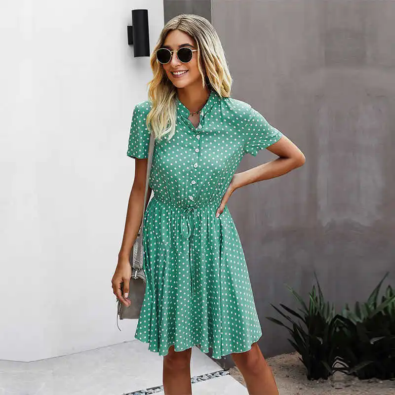 2021 Summer New Polka Dot Print Dress Women Casual Short Sleeve High Waist Knee Length Ladies Slim Lace Up Button Dresses
2021 Summer New Polka Dot Print Dress Women Casual Short Sleeve High Waist Knee Length Ladies Slim Lace Up Button Dresses