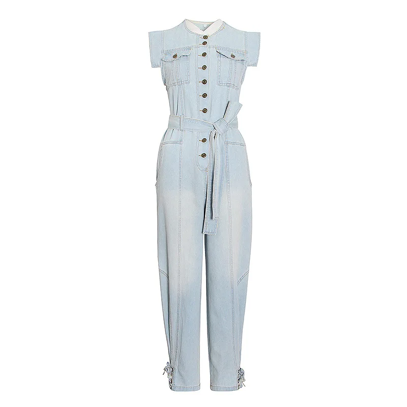 Chao brand summer new fashion round neck breasted double pocket lace-up sleeveless toe jeans
Chao brand summer new fashion round neck breasted double pocket lace-up sleeveless toe jeans