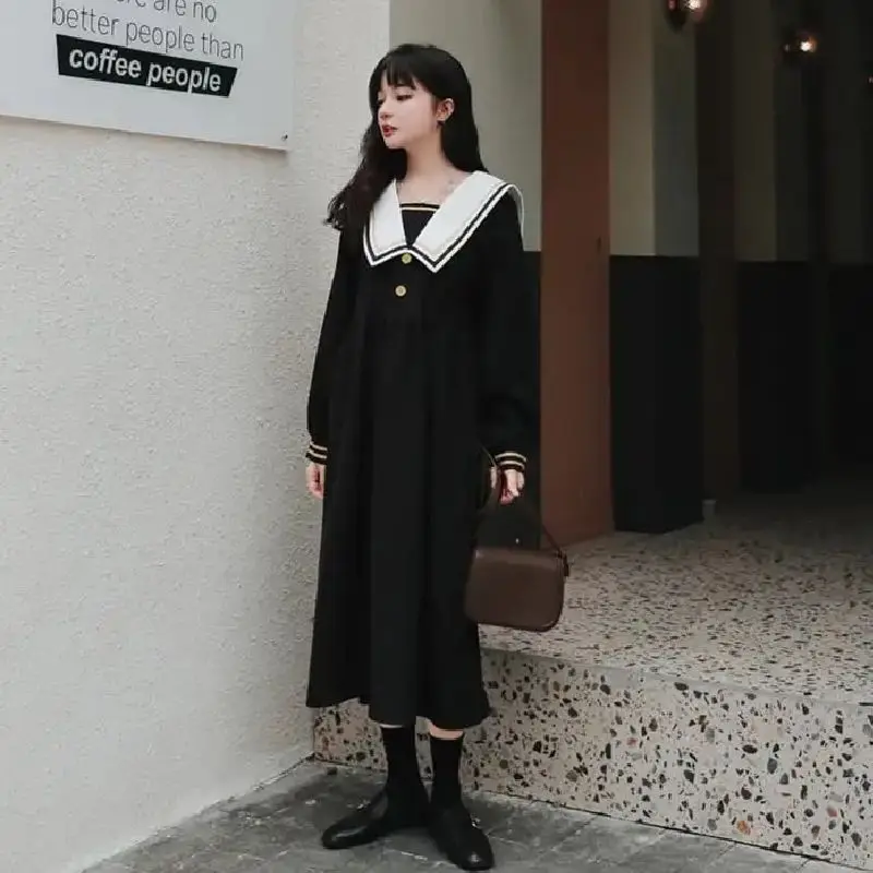 Japanese Preppy Style Spring Autumn Women Clothes Sailor Collar Solid Black Loose Dress Cute Kawaii Harajuku Girl's Midi Dresses 
Japanese Preppy Style Spring Autumn Women Clothes Sailor Collar Solid Black Loose Dress Cute Kawaii Harajuku Girl's Midi Dresses