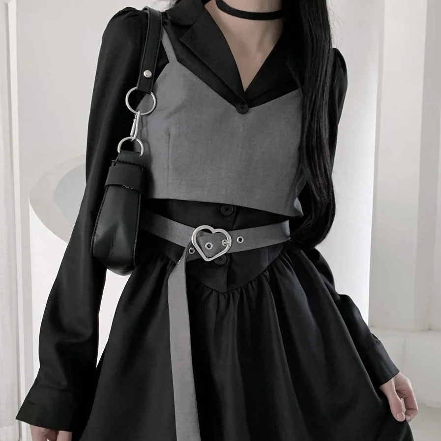 Harajuku Black Long Sleeve Shirt Dress + Bandage Gray Vest 2021 Korean Fashion 2 Pieces Set Autumn New Casual Outfits
Harajuku Black Long Sleeve Shirt Dress + Bandage Gray Vest 2021 Korean Fashion 2 Pieces Set Autumn New Casual Outfits